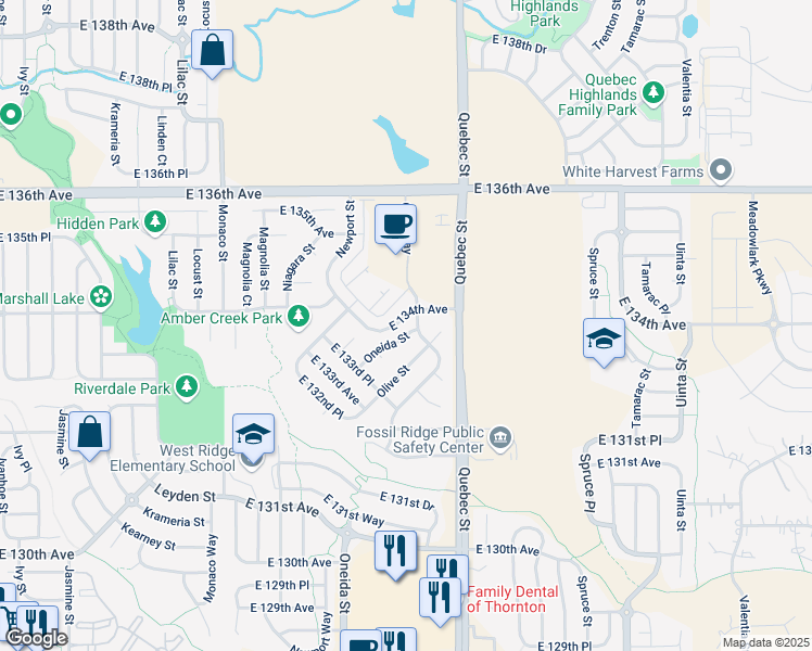 map of restaurants, bars, coffee shops, grocery stores, and more near 13391 Oneida Street in Thornton