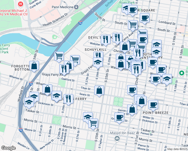 map of restaurants, bars, coffee shops, grocery stores, and more near 2614 Annin Street in Philadelphia