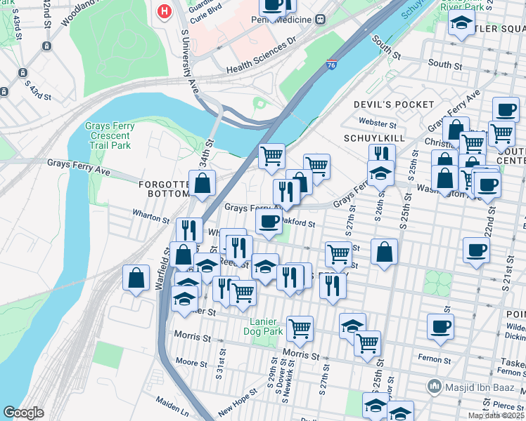 map of restaurants, bars, coffee shops, grocery stores, and more near 3000 Grays Ferry Avenue in Philadelphia