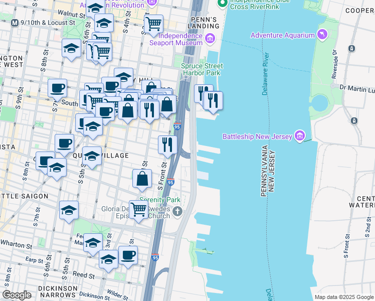 map of restaurants, bars, coffee shops, grocery stores, and more near 750 South Christopher Columbus Boulevard in Philadelphia