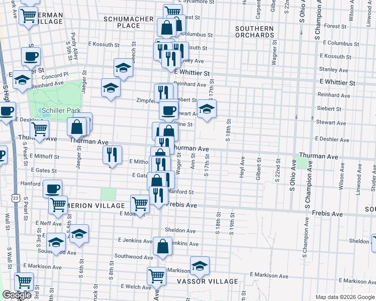 map of restaurants, bars, coffee shops, grocery stores, and more near 539 Thurman Avenue in Columbus