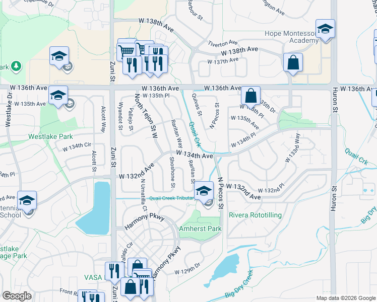 map of restaurants, bars, coffee shops, grocery stores, and more near 13401 Raritan Street in Westminster