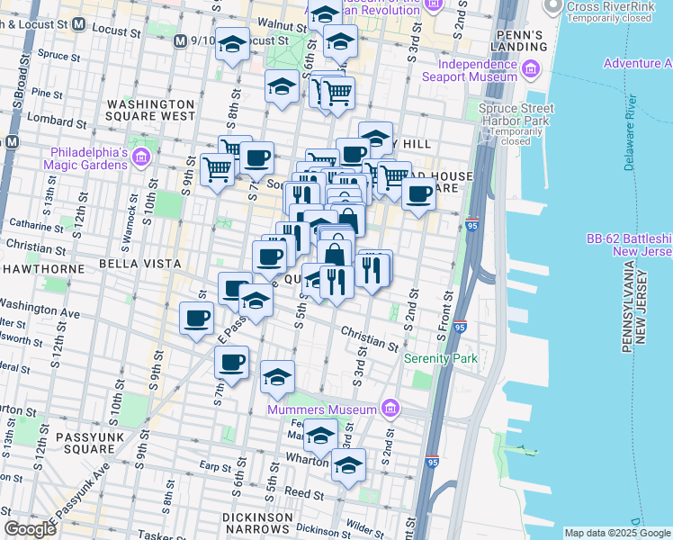 map of restaurants, bars, coffee shops, grocery stores, and more near in Philadelphia