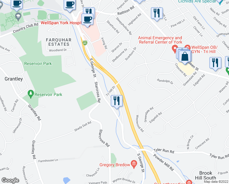 map of restaurants, bars, coffee shops, grocery stores, and more near 1408 South Duke Street in York