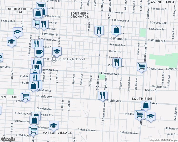 map of restaurants, bars, coffee shops, grocery stores, and more near 816 Thurman Avenue in Columbus