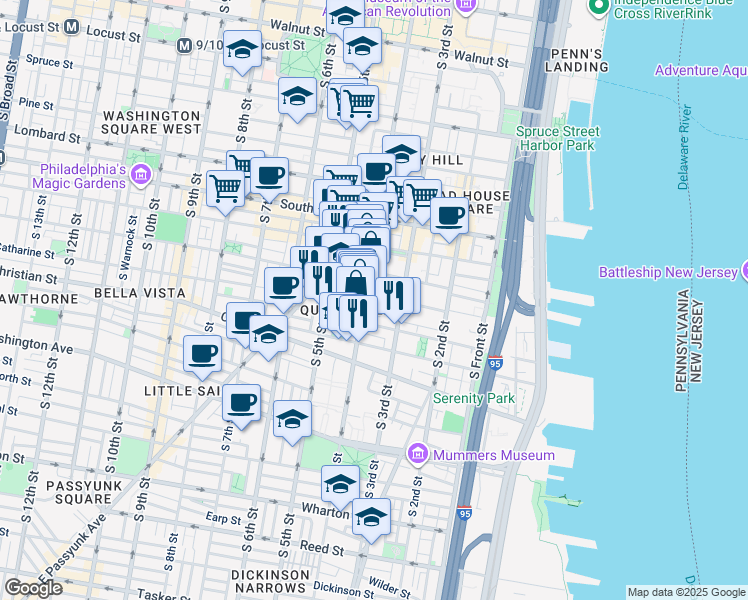 map of restaurants, bars, coffee shops, grocery stores, and more near 338 Fitzwater Street in Philadelphia