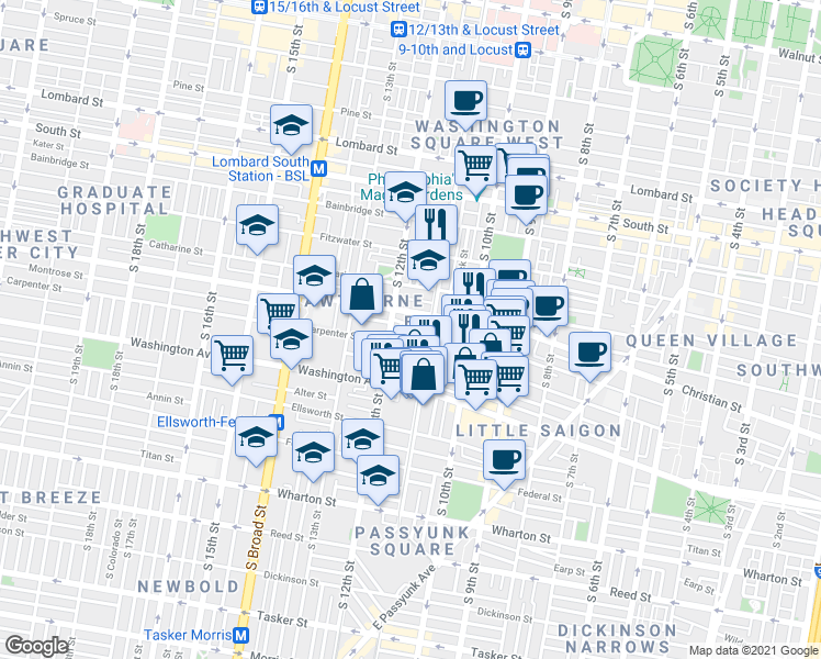 map of restaurants, bars, coffee shops, grocery stores, and more near 1116 Montrose Street in Philadelphia