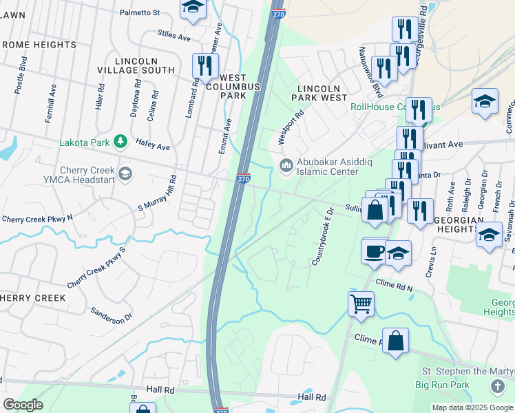 map of restaurants, bars, coffee shops, grocery stores, and more near 646 Galli Court in Columbus