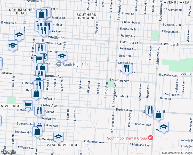 map of restaurants, bars, coffee shops, grocery stores, and more near 816 Thurman Avenue in Columbus
