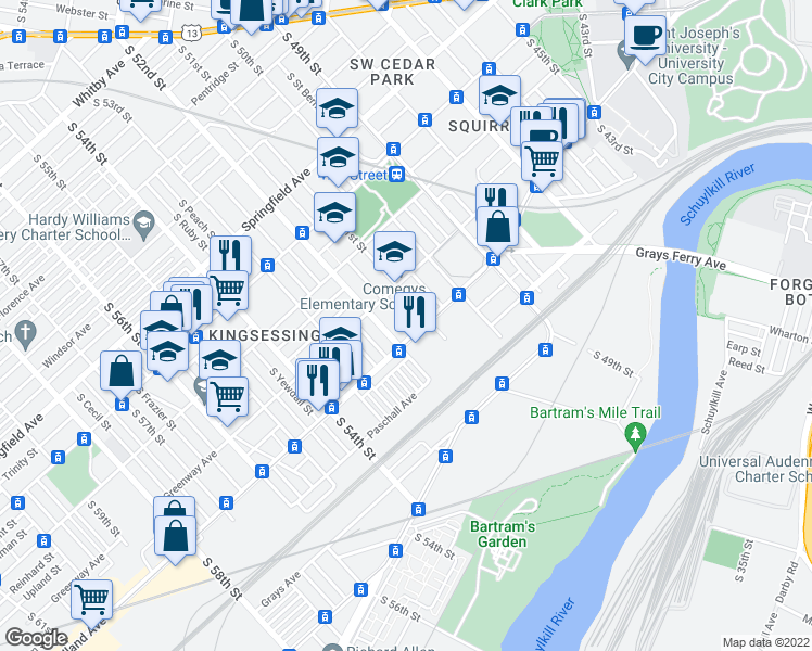 map of restaurants, bars, coffee shops, grocery stores, and more near 1442 S Paxon St in Philadelphia