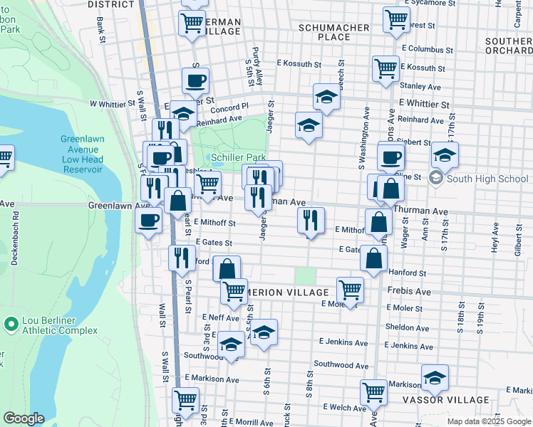 map of restaurants, bars, coffee shops, grocery stores, and more near 1164 Jaeger Street in Columbus