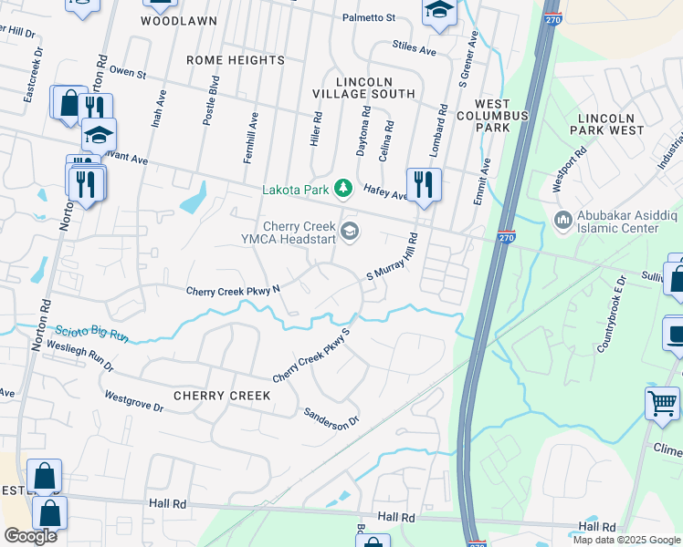 map of restaurants, bars, coffee shops, grocery stores, and more near 4873 Cherry Creek Pkwy N in Columbus