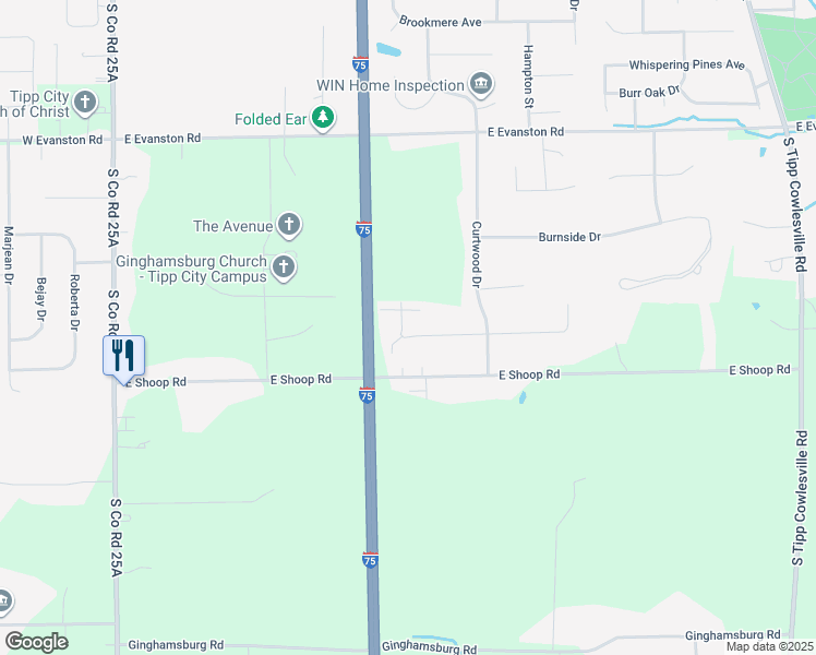 map of restaurants, bars, coffee shops, grocery stores, and more near 625 Kitrina Avenue in Tipp City
