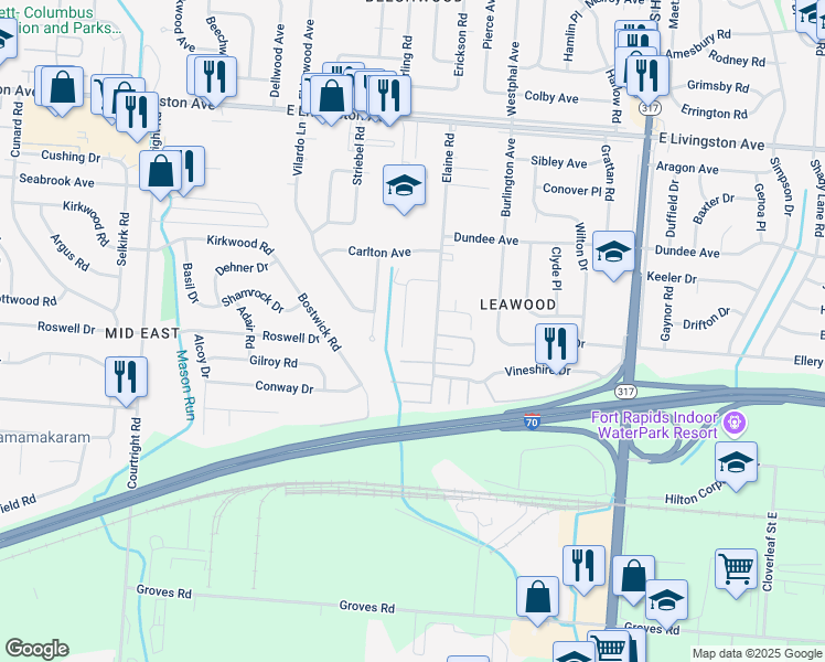map of restaurants, bars, coffee shops, grocery stores, and more near 1704 Carstare Drive in Columbus