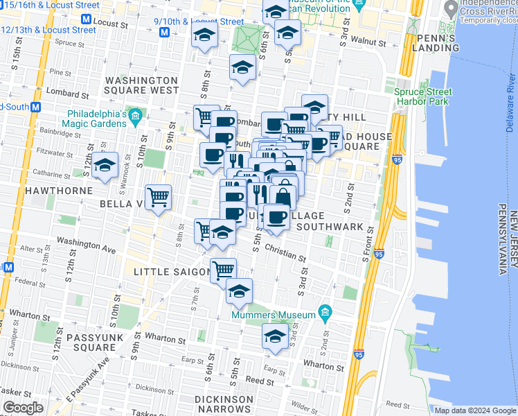 map of restaurants, bars, coffee shops, grocery stores, and more near 768 South 5th Street in Philadelphia