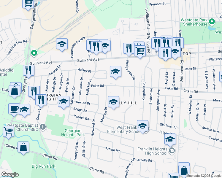 map of restaurants, bars, coffee shops, grocery stores, and more near Doulton Court in Columbus
