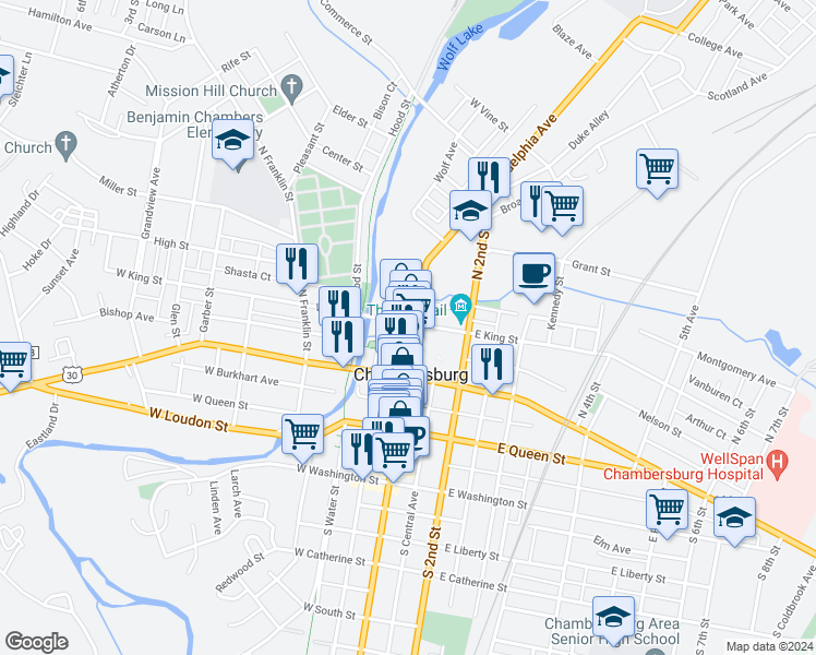 map of restaurants, bars, coffee shops, grocery stores, and more near 12 West King Street in Chambersburg