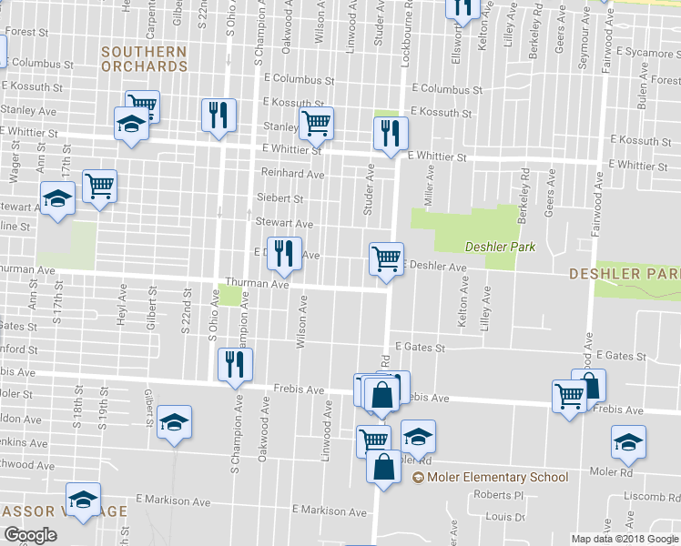 map of restaurants, bars, coffee shops, grocery stores, and more near 1298 Linwood Avenue in Columbus