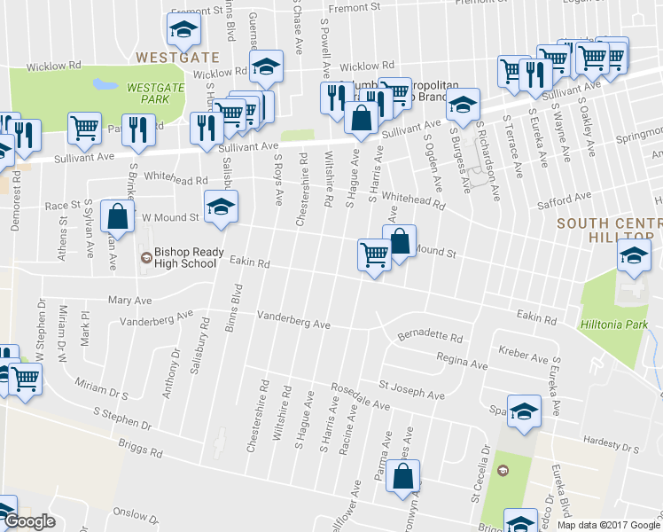 map of restaurants, bars, coffee shops, grocery stores, and more near 769 South Hague Avenue in Columbus