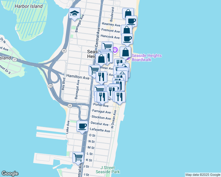 map of restaurants, bars, coffee shops, grocery stores, and more near 39 Franklin Avenue in Seaside Heights