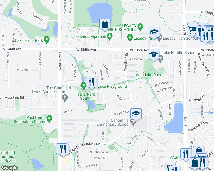 map of restaurants, bars, coffee shops, grocery stores, and more near 13415 Green Circle in Broomfield