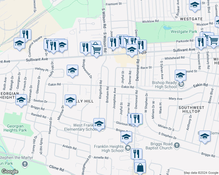 map of restaurants, bars, coffee shops, grocery stores, and more near 3579 Eakin Road in Columbus