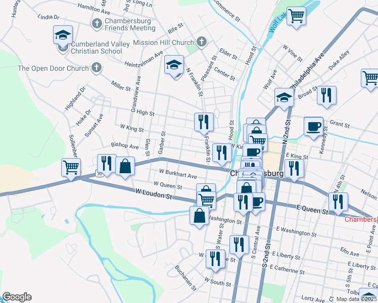 map of restaurants, bars, coffee shops, grocery stores, and more near 272 Martin Avenue in Chambersburg