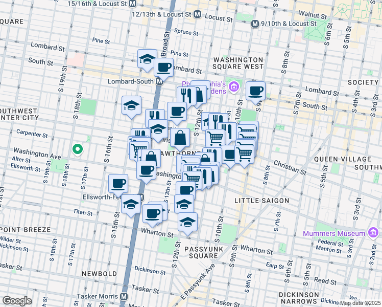 map of restaurants, bars, coffee shops, grocery stores, and more near 918 South 12th Street in Philadelphia
