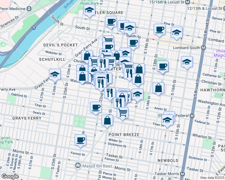 map of restaurants, bars, coffee shops, grocery stores, and more near 2100 Washington Avenue in Philadelphia