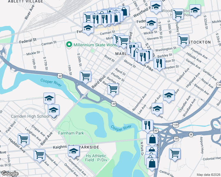 map of restaurants, bars, coffee shops, grocery stores, and more near 515 Randolph Street in Camden