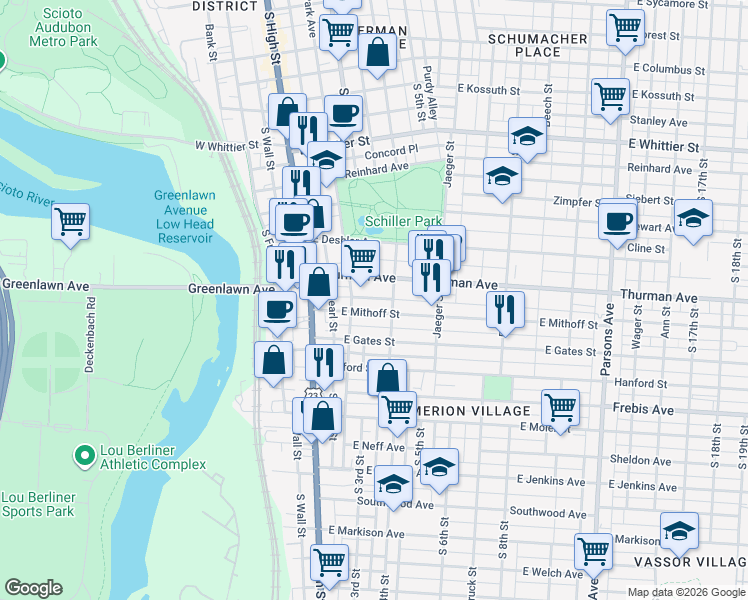 map of restaurants, bars, coffee shops, grocery stores, and more near 95 Nursery Lane in Columbus