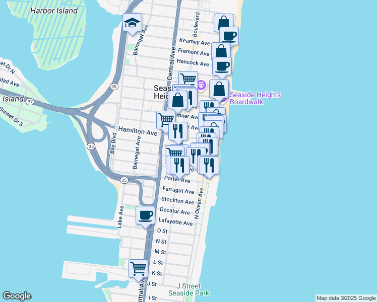 map of restaurants, bars, coffee shops, grocery stores, and more near 39 Franklin Avenue in Seaside Heights