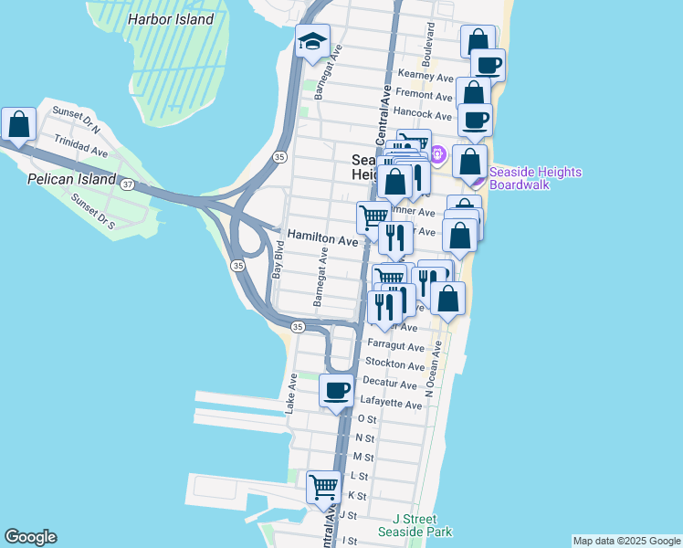 map of restaurants, bars, coffee shops, grocery stores, and more near 234 Lincoln Avenue in Seaside Heights