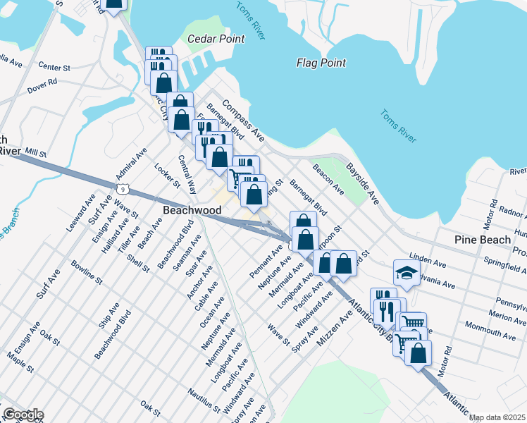 map of restaurants, bars, coffee shops, grocery stores, and more near 356 Atlantic City Boulevard in Beachwood