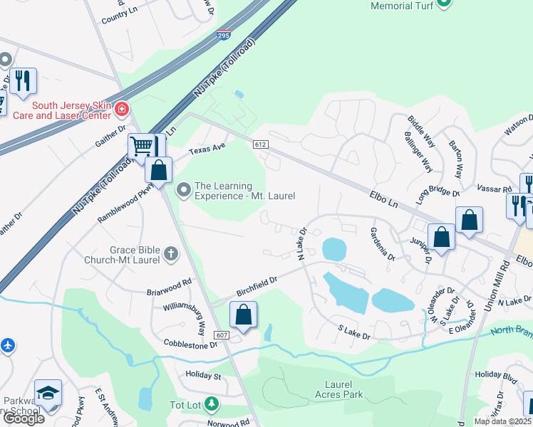 map of restaurants, bars, coffee shops, grocery stores, and more near 91A West Bluebell Lane in Mount Laurel Township