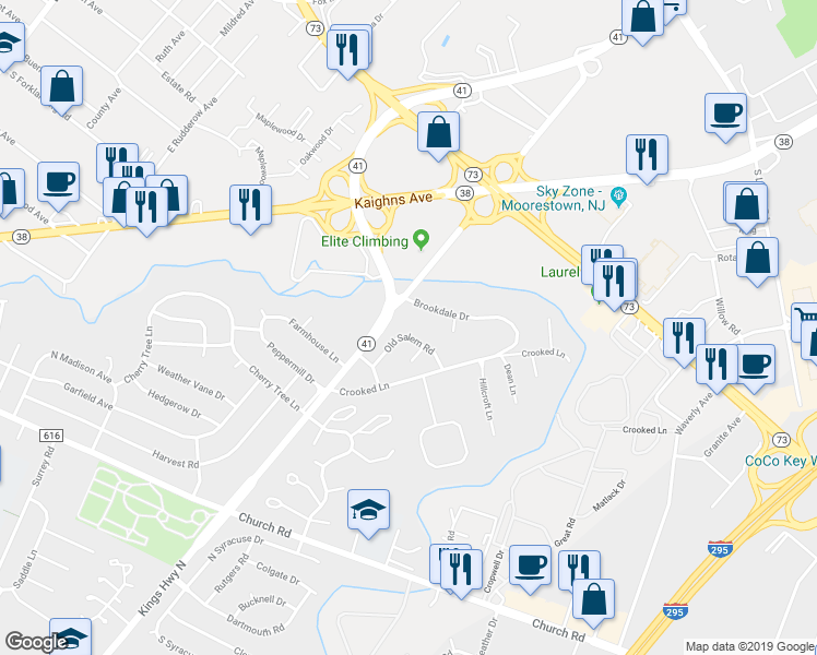 map of restaurants, bars, coffee shops, grocery stores, and more near 9 Old Salem Road in Cherry Hill