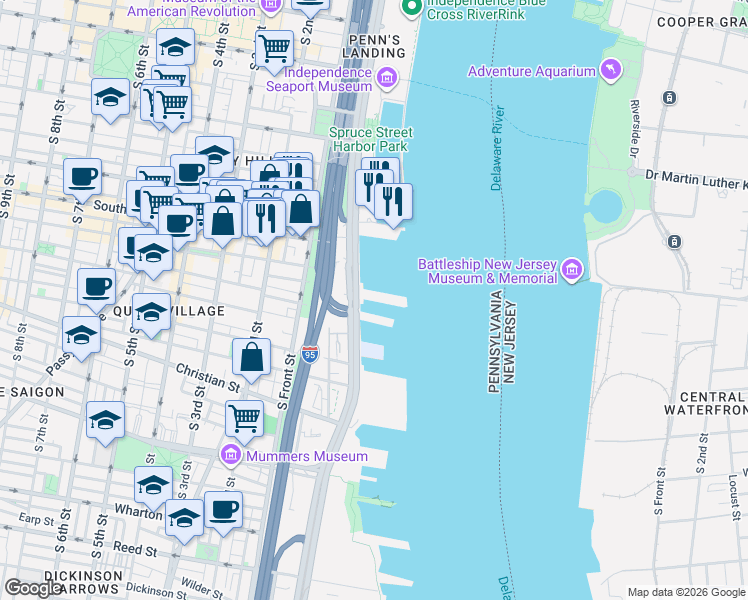 map of restaurants, bars, coffee shops, grocery stores, and more near 717 South Christopher Columbus Boulevard in Philadelphia