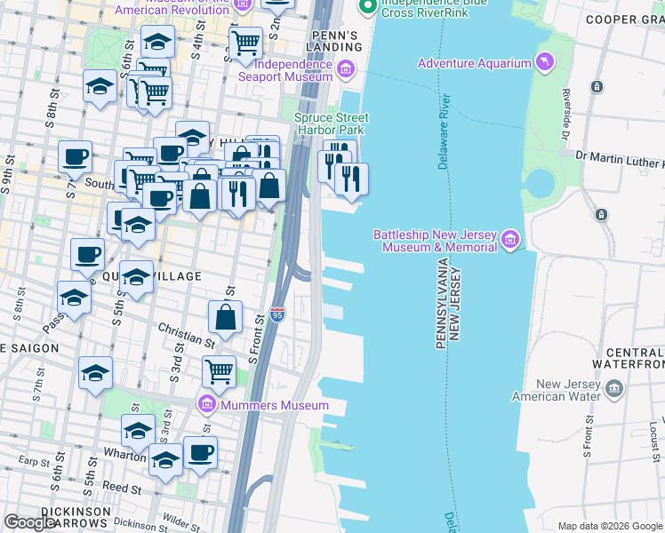map of restaurants, bars, coffee shops, grocery stores, and more near 717 South Christopher Columbus Boulevard in Philadelphia