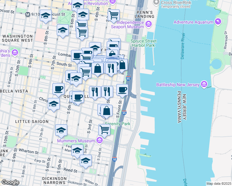 map of restaurants, bars, coffee shops, grocery stores, and more near in Philadelphia
