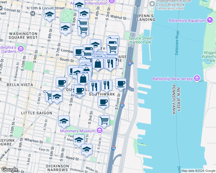map of restaurants, bars, coffee shops, grocery stores, and more near 221 Fitzwater Street in Philadelphia
