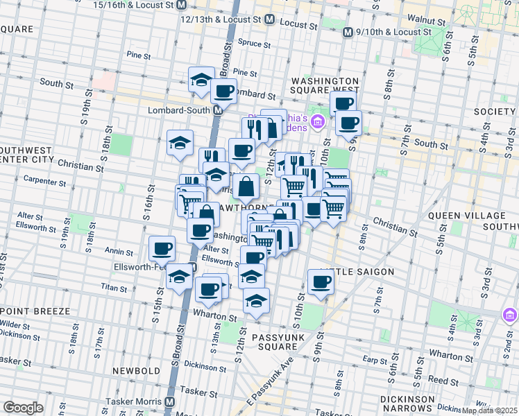 map of restaurants, bars, coffee shops, grocery stores, and more near 918 South 12th Street in Philadelphia