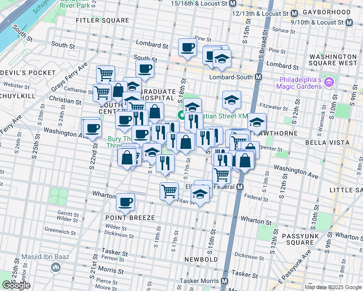map of restaurants, bars, coffee shops, grocery stores, and more near 1035 South Bouvier Street in Philadelphia