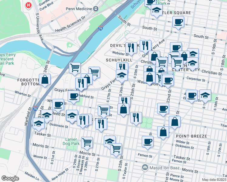 map of restaurants, bars, coffee shops, grocery stores, and more near 2614 Annin Street in Philadelphia