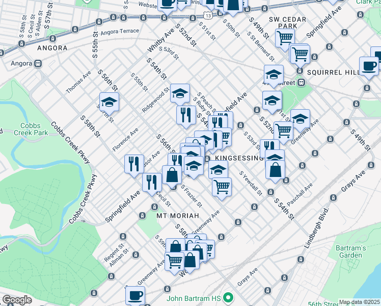 map of restaurants, bars, coffee shops, grocery stores, and more near 1430 South 55th Street in Philadelphia