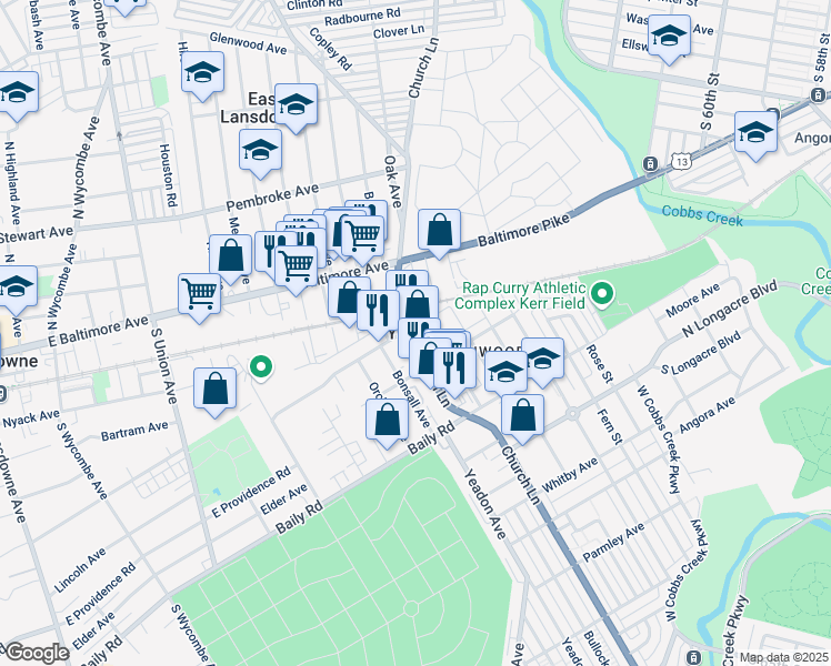 map of restaurants, bars, coffee shops, grocery stores, and more near in Yeadon