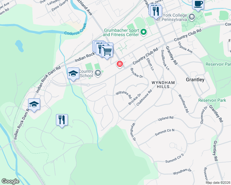 map of restaurants, bars, coffee shops, grocery stores, and more near 1190 Country Club Road in York