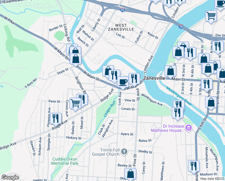 map of restaurants, bars, coffee shops, grocery stores, and more near 1000-1034 W Muskingum Ave in Zanesville