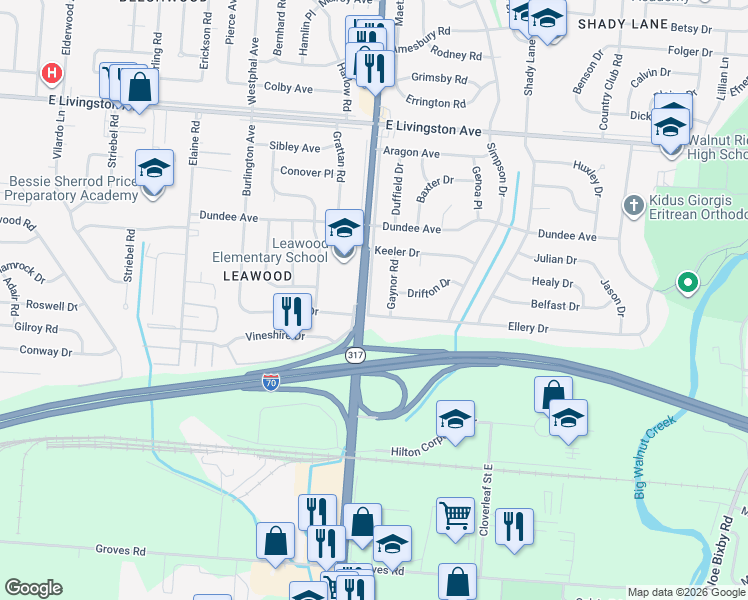 map of restaurants, bars, coffee shops, grocery stores, and more near 1752 Hamilton Frontage Road in Columbus