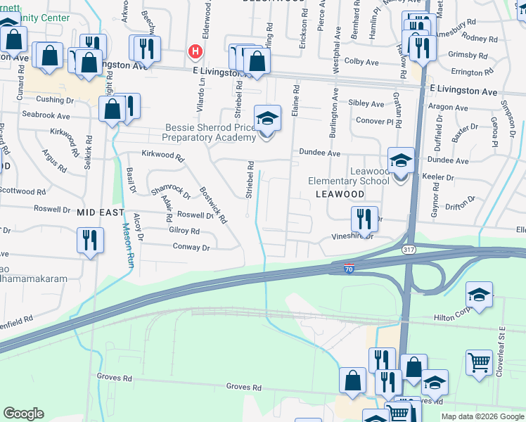 map of restaurants, bars, coffee shops, grocery stores, and more near 1704 Carstare Drive in Columbus