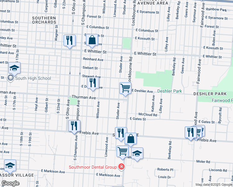 map of restaurants, bars, coffee shops, grocery stores, and more near 1302 Studer Avenue in Columbus
